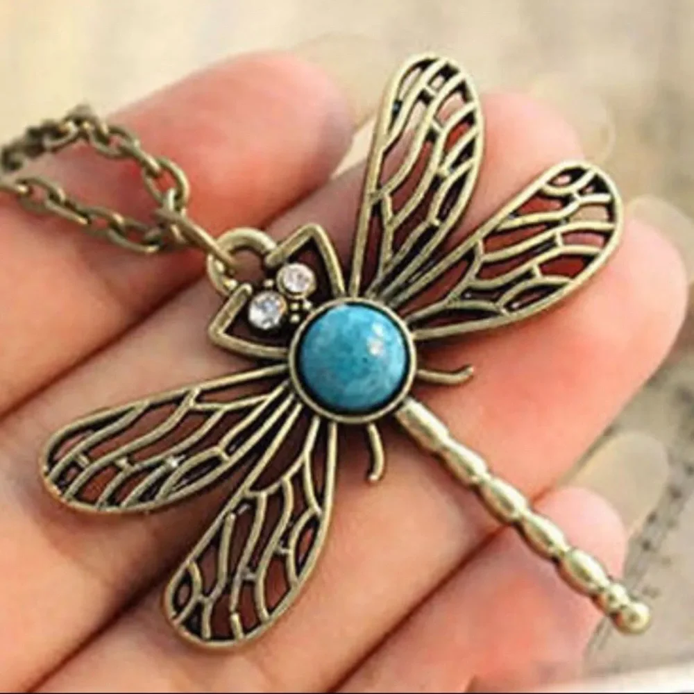 DRAGONFLY Turquoise Blue Bronze Long Chain Sweater Necklace Necklaces Boho
